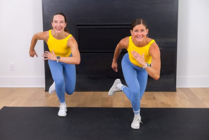 two women demonstrating skaters in a bodyweight cardio workout