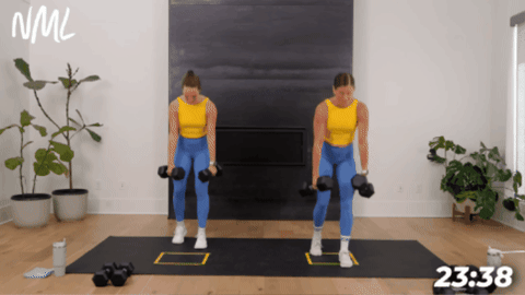 women performing a staggered deadlift with a back row to strengthen upper body and legs