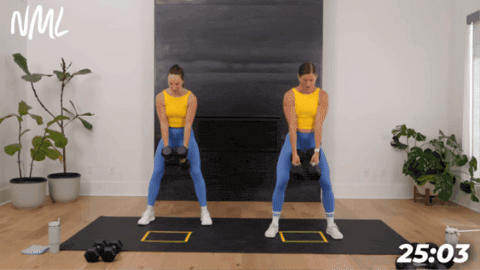 two women performing a wide squat with dumbbells in a home gym