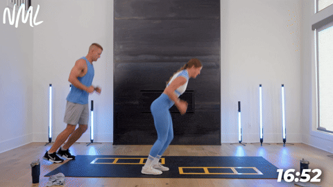 two people demonstrating double leg hops and high knees in a cardio and core workout