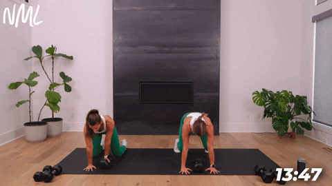 two women performing a beast back row in a dumbbell core workout