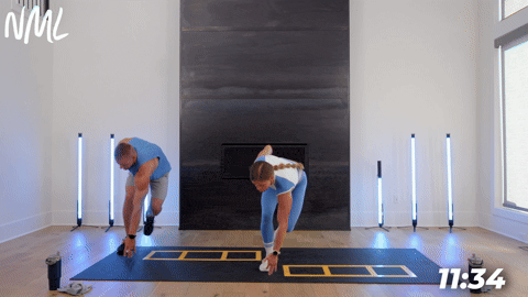 two people demonstrating a lateral heisman run agility drill in a cardio and core workout