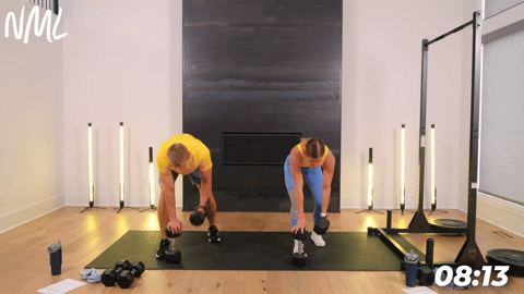 two people performing a dumbbell single arm row in an athletic back and leg workout