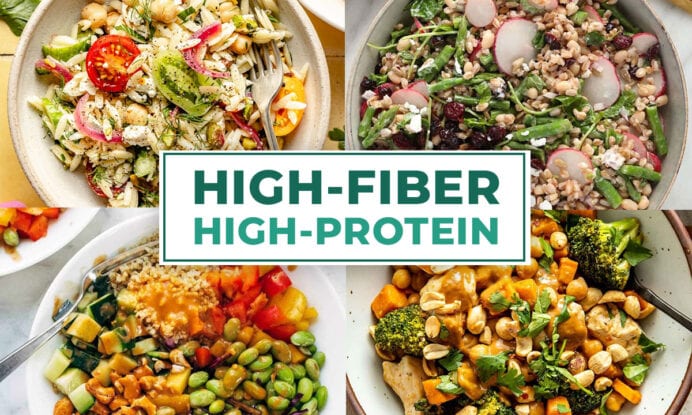 High fiber, high protein with thai sweet potato peanut bowl, chickpea feta pasta salad, farro salad, quinoa crunch salad.