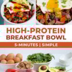 three process photos of making high protein breakfast bowl with sausage and eggs