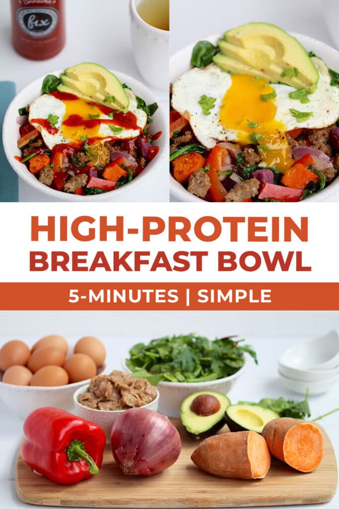 three process photos of making high protein breakfast bowl with sausage and eggs