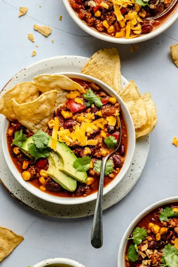 Turkey Chili with lean ground turkey, kidney beans, and corn.