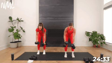 women performing bent over back rows as part of compound arm workout