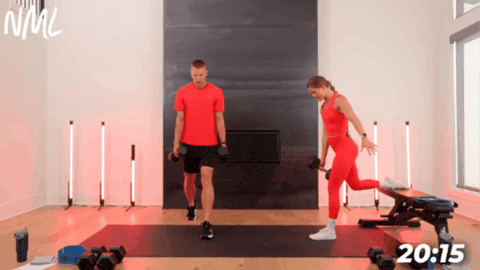 adult woman and man performing bulgarian lunges or single leg split squats
