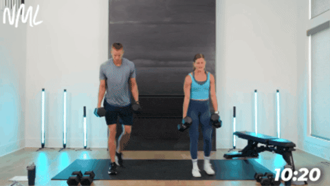 woman and man demonstrating how to perform a curtsy lunge with dumbbells
