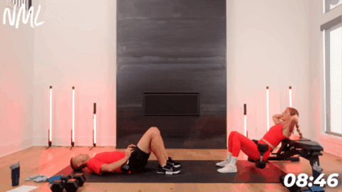 demonstration of two ways to perform a hip thrust with dumbbells - with your upper back on a bench or on the ground
