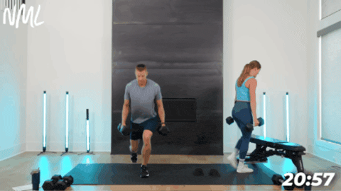 couple performing step ups to target quads and glutes