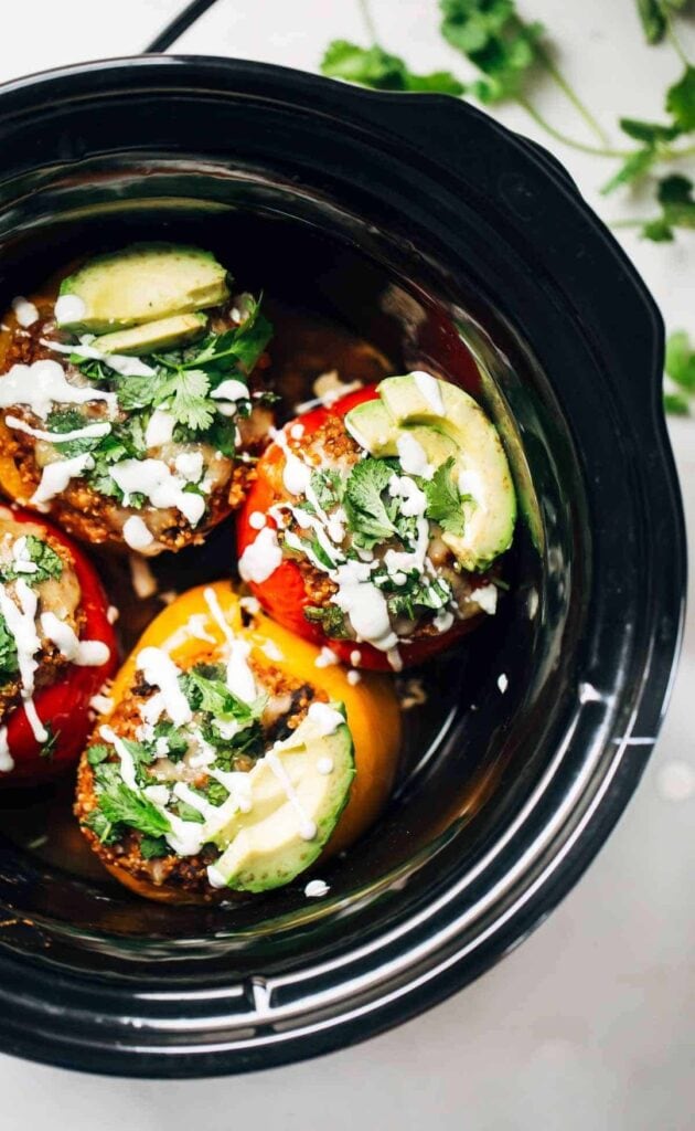 Quinoa Black Bean Crockpot Stuffed Peppers made in a crockpot.