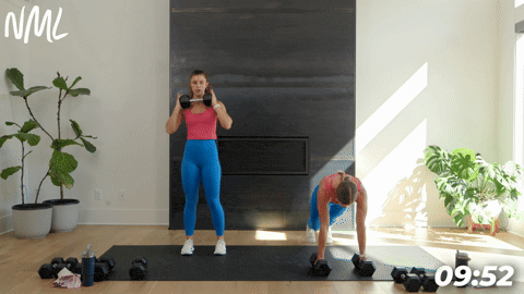 one women demonstrating a plank and knee drive and one woman demonstrating a standing modification in a full body strength circuit workout