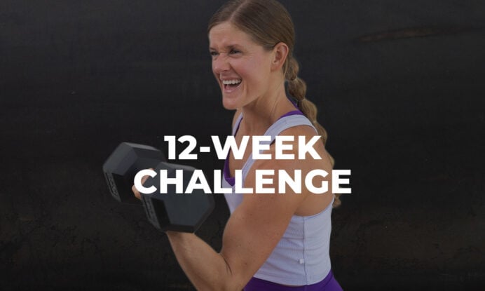 Woman performing bicep curl as part of 12 week workout challenge