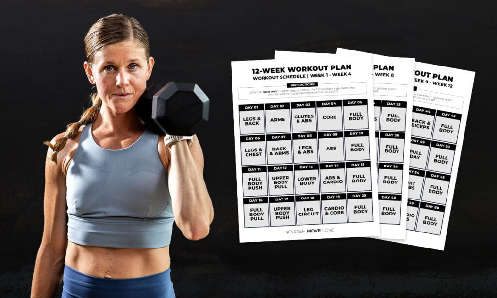 Woman holding dumbbell with calendar overlay showing 12 week workout plan
