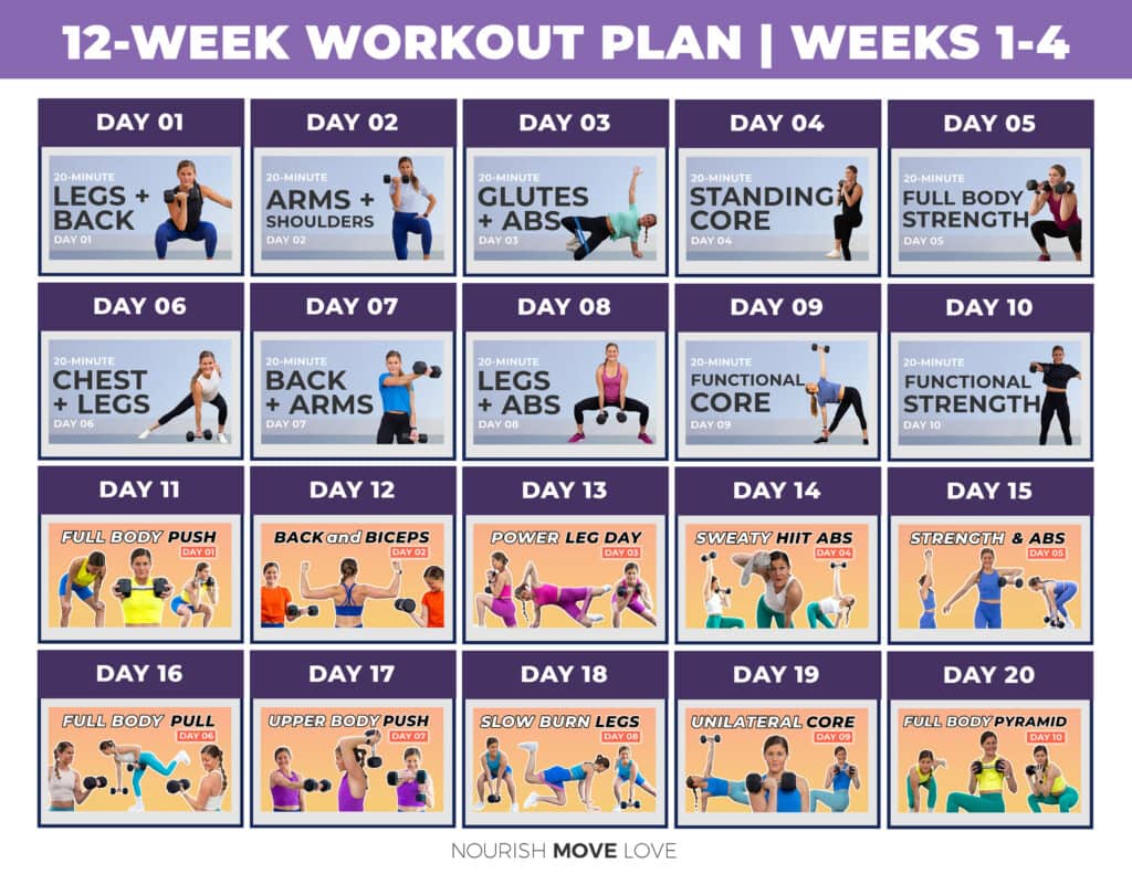 workout calendar showing weeks 1-4 of 12-week workout plan