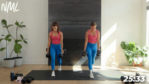 two women performing a dumbbell split lunge in a full body strength circuit workout