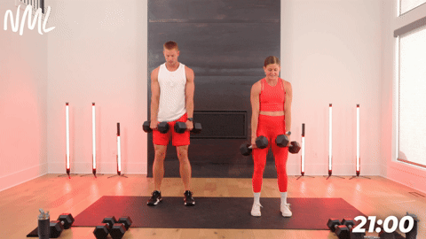 two people demonstrating deadlifts and calf raises in a full body shred workout
