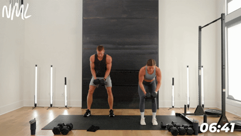 two people performing dumbbell back flys in a back and bicep workout