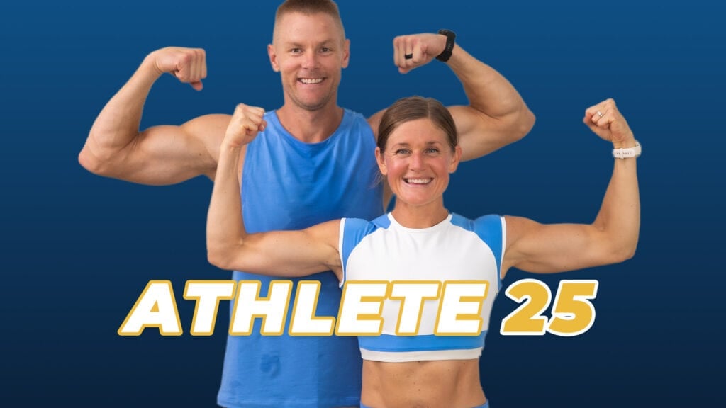 Woman and man flexing with text overlay describing athlete training program