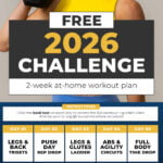 woman holding dumbbell near face with workout calendar overlaid