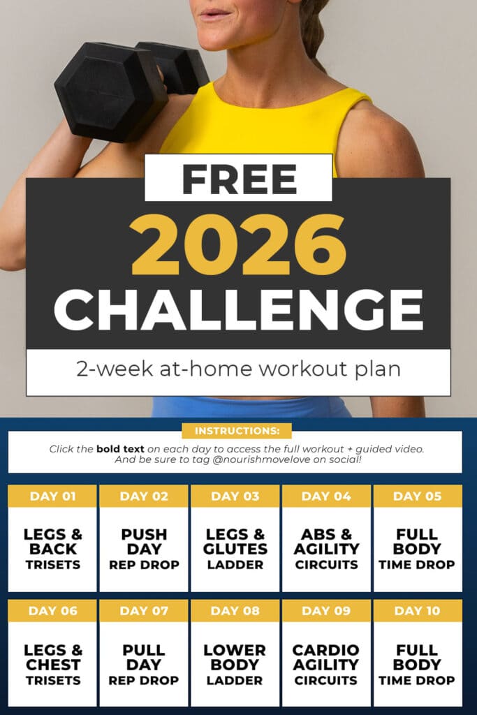 woman holding dumbbell near face with workout calendar overlaid