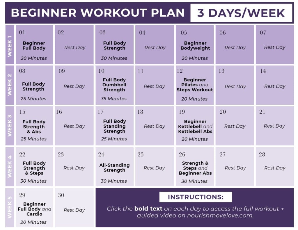 30 day beginner workout plan calenar graphic - 3 days per week