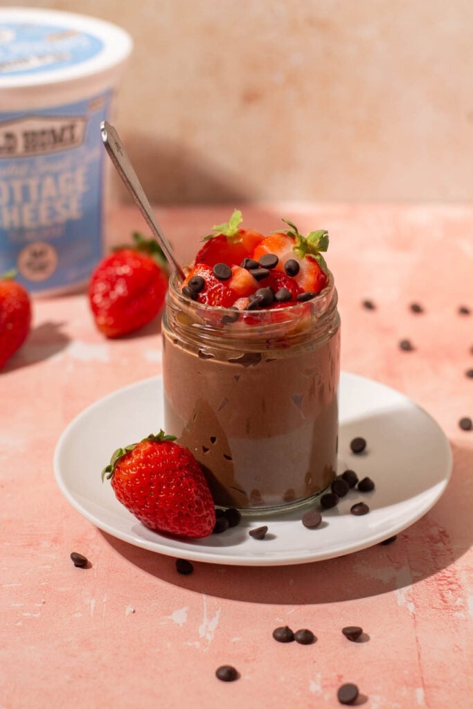 Cottage Cheese Chocolate Mousse with nutella, cottage cheese, salt, milk, vanilla extract.