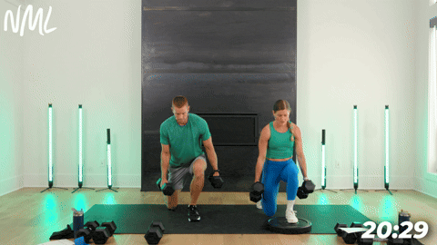 male doing a Lunge and Knee Drive from the ground. Female doing a Deficit Lunge and Knee Drive with foot on a plate.