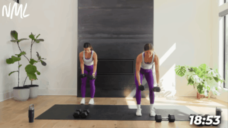 two women performing a standing alternating back fly as part of arms and abs workout