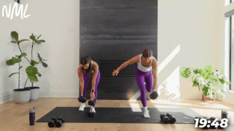 women performing a balance single arm row as part of arms and abs workout