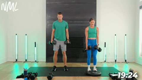 Male doing standard deadlifts and women doing a Toes Elevated Deadlift with dumbbell in each hand.