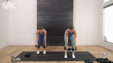two women performing a back row to bicep curl with dumbbells in an upper body workout