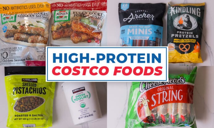 high protein costco foods including breakfast sausages, greek yogurt, and cheese sticks.