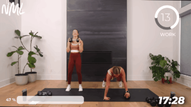 women performing an uneven push up with a shoulder tap as example of upper body exercise in full body circuit workout