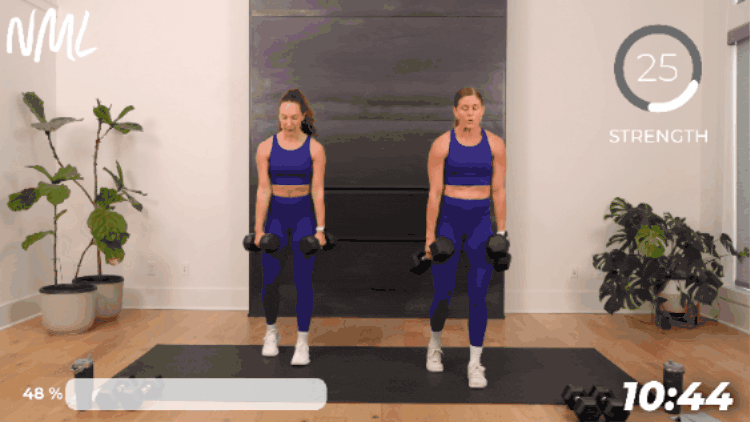2 women performing a b-stance deadlift with dumbbells