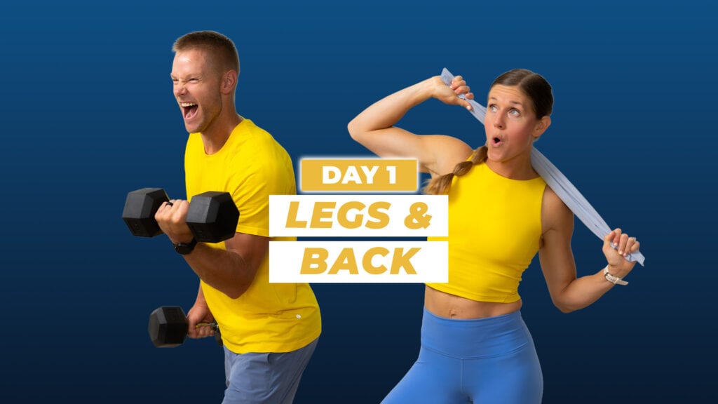 man and woman holding dumbbells at shoulder as part of leg and back workout athlete 25 day 1