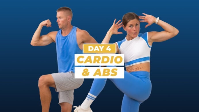 Man and woman performing standing agility exercises as part of cardio and core workout - athlete 25 day 4
