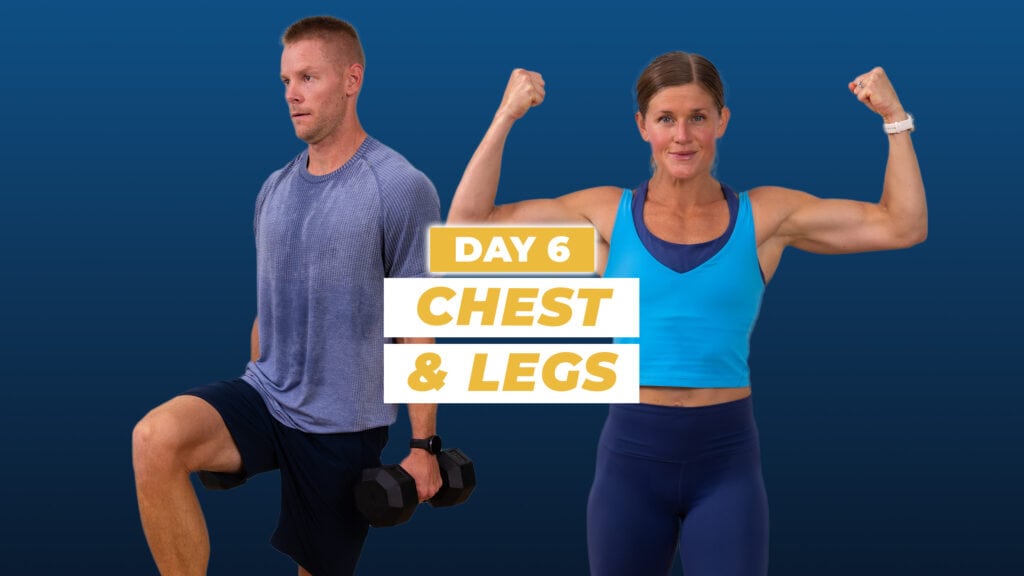 man and woman performing lower body exercise and flexing as part of chest and legs workout - athlete 25 day 6