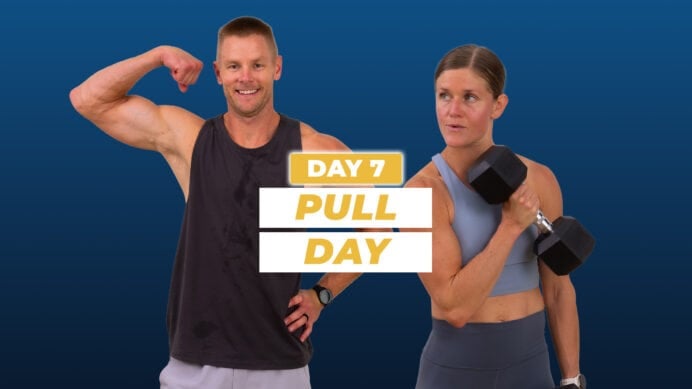 man flexing and woman performing bicep curl as part of upper body pull workout | athlete 25 day 7