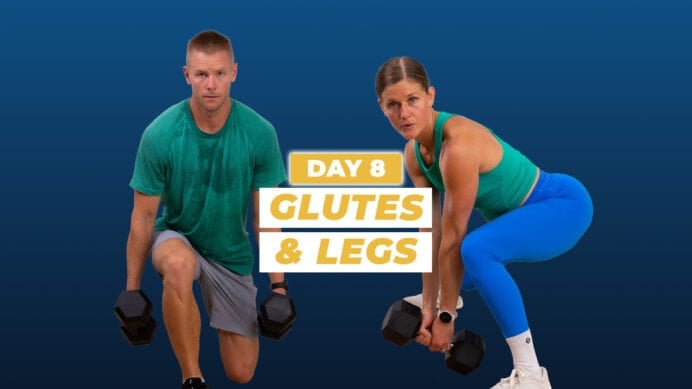 Man and woman performing lunge variations as part of leg and glute workout