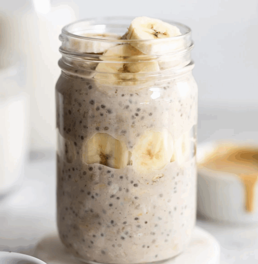 PB banana overnight oats with banana, almond milk, yogurt, gluten free rolled oats, cinnamon, chia seeds and peanut butter.