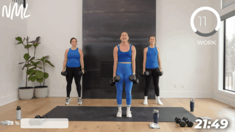 3 women performing calf raise as part of beginner weight training workout