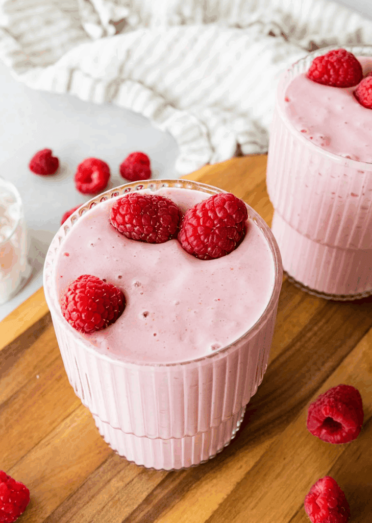 Cottage cheese smoothie with almond milk, cottage cheese, banana, raspberries and honey.