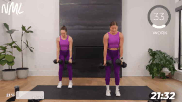 2 women performing a deadlift and split lunge as part of full body strength workout