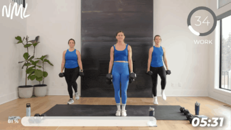 3 women performing a standing march as example of weight training exercise for beginners