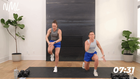 woman performing lunge jumps and woman performing a low impact modification in a quick leg workout at home