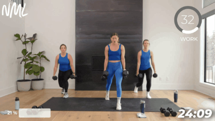 3 women performing a split lunge with dumbbells as part of beginner strength workout