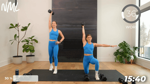 two women performing a dumbbell single arm press in a 20 minute strength workout